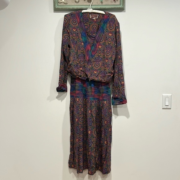 Vintage 80s Mindy Malone Dress Contrasting prints Bloused Top size 14 women maxi - Picture 1 of 7